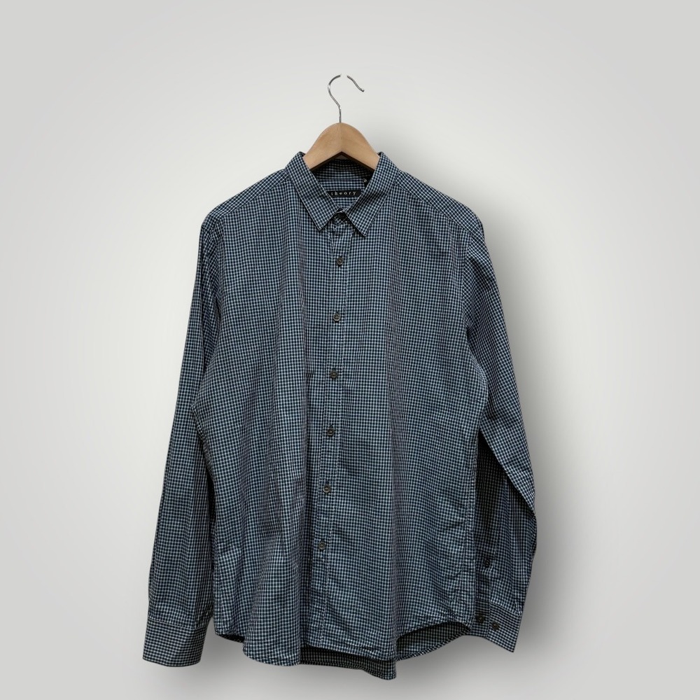 Theory Mens Zack PS Rostock Navy Gingham Check Cotton Button Down Shirt